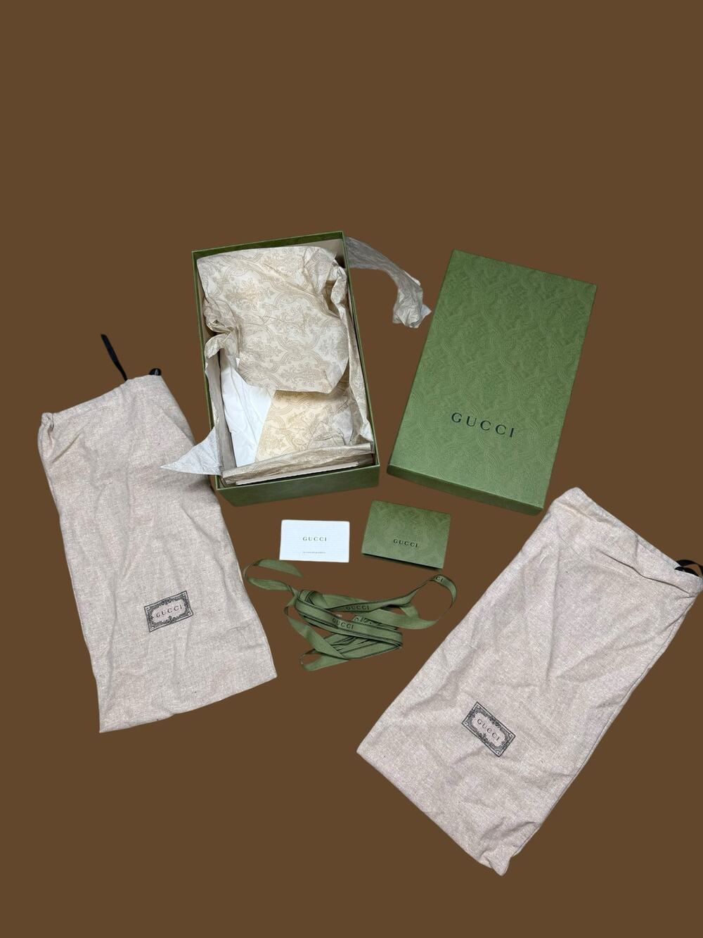 Gucci Shoe Box, 2 Dust Bags, Ribbon, Tissue Paper, Care Booklet - EMPTY BOX